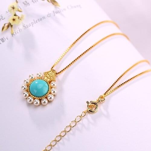 2019 pure silver natural turquoise inlay pearl pendant chain of upscale female set wholesale restoring ancient ways