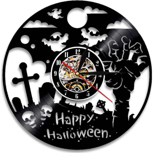 Happy Halloween Decorative Silent Quartz Vinyl Record Wall Clock Horror Decor Zombie Hand Wall Hanging Watch Kids Favorite Gift