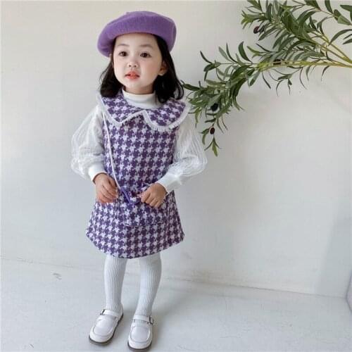 DFXD 2021 Spring Toddler Girls Clothing Sets For 2-7T Korean White Puff Sleeve High Collar Bottoming Shirt+Wool Plaid Vest Dress
