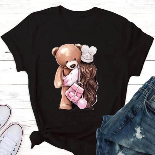 FIXSYS Cute Bear Girl Basic Fashion Tshirt Kawaii Kpop Woman Black T-Shirts Cartoon Woman Summer Clothes Short Sleeve T-Shirts