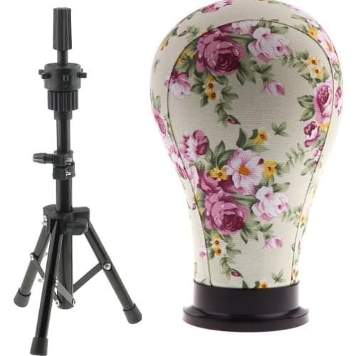 23 inch Cork Canvas Block Mannequin Head for Wig Making with Tripod Support Stand Cosmetology Training Doll Head Manikin Model