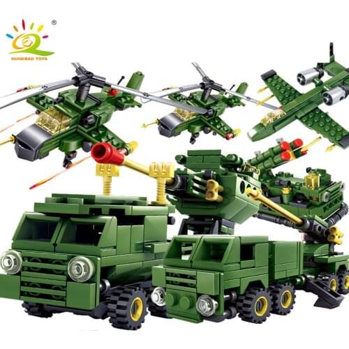 HUIQIBAO TOYS 438pcs 6in3 Army Truck Helicopter Building Blocks For Children compatible Military Soldiers gun Bricks