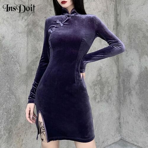 InsDoit Ladies Vintage Elegant Cheongsam Purple Gothic Bodycon Long Sleeve Slit Mini Dress High Waist Party Night Outfits Dress