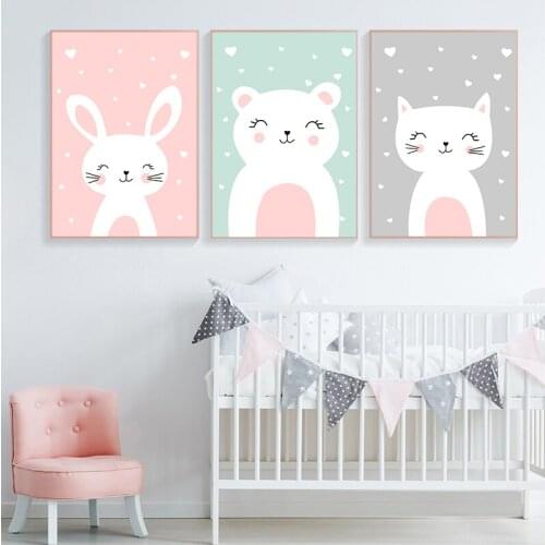 Kawaii Wall Art Canvas Nursery Print Cartoon Cat Rabbit Painting Nordic Kids Decoration Picture Baby Living Room Decor