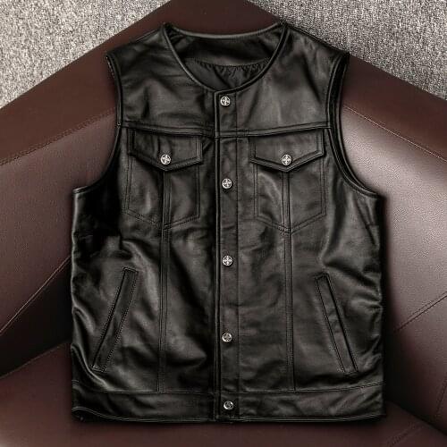 Sons of Anarchy Classical Motorcycle Biker Leather Vest Spring Genuine Leather Sleeveless Jackets 100% REAL Cowhide Punk Gilet