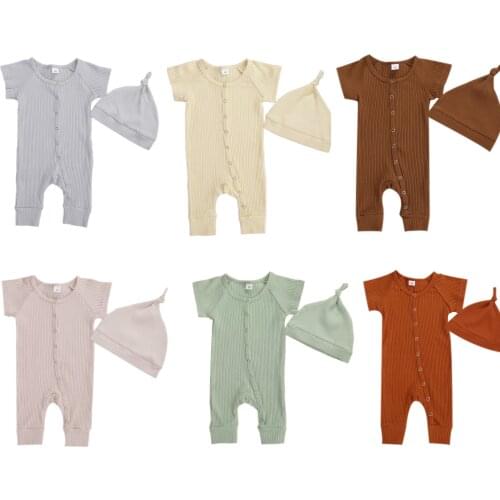 Infant Newborn Ribbed Solid Homewear Short Sleeve Romper + Hats Pajams Sets Soft Cotton Toddler Jumpsuits