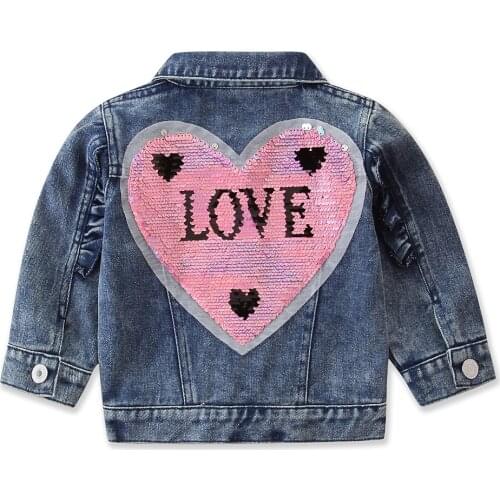 1-5Years Fashion Children Autumn Long-Sleeves Denim Jacket with Beadings Heart-Shapes Sequin Decoration Girls Coat