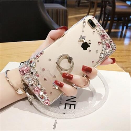 LaMaDiaa For HuaweiP8 P9 P10 P20 P30 P40 Pro Lite Mate10 20 30 Pro Lite Handmade Rhinestone Flower Case Diamond Ring Stand Cover