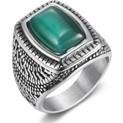 Mens Stainless Steel Green Stone Bold Ring For Men Size 7-12