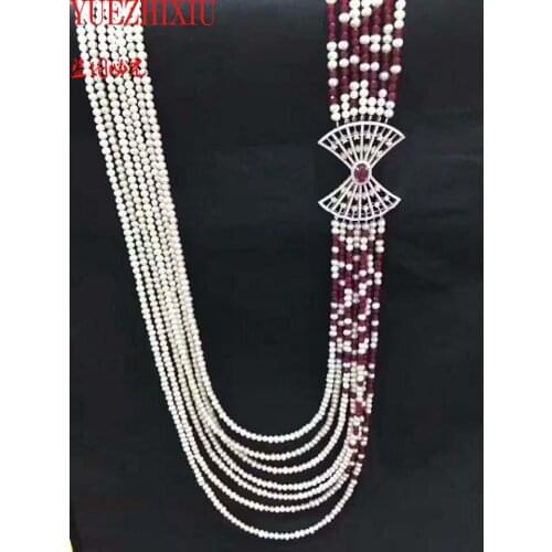 Natural 7rows white freshwater pearl red Garnet micro inlay zircon accessories necklace fine jewelry 20inch