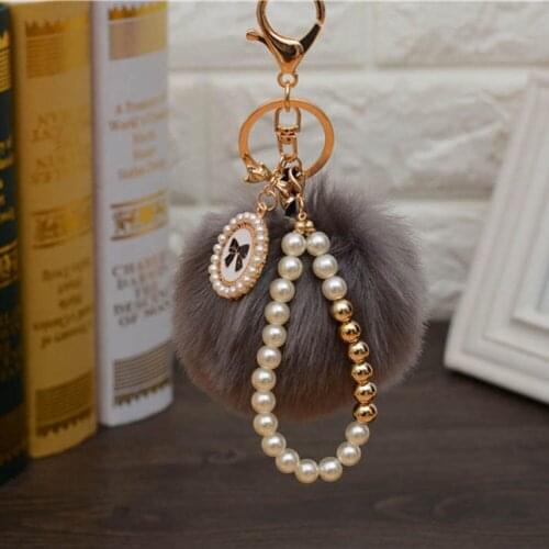Novelty Trinket Keyring Holder For Women Bag Faux Rabbit Fur Ball Pompom Keychains