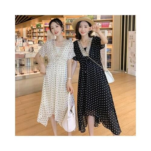 New maternity dress polka dot lace V-neck can breastfeed two-piece dress hot mom irregular chiffon dot pattern maternity dress