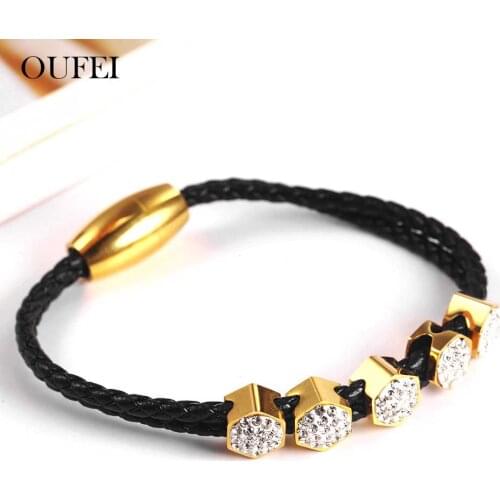 OUFEI Unisex Leather Rope Cuff Bracelets Bangles Stainless Steel Jewelry Woman Vogue 2019 Jewelry Accessories Bohemian