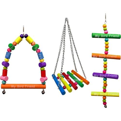 Colorful Wooden Parrot and Parakeet Swing Toy Birds Colorful Beads Bird Climbing Toy Supplies Toys Hanging Bridge Swing