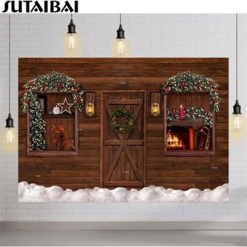 Christmas Fireplace Wreath Vintage Wood Door Wall Baby Birthday Portrait Photo Background Photographic Backdrop for Photo Studio