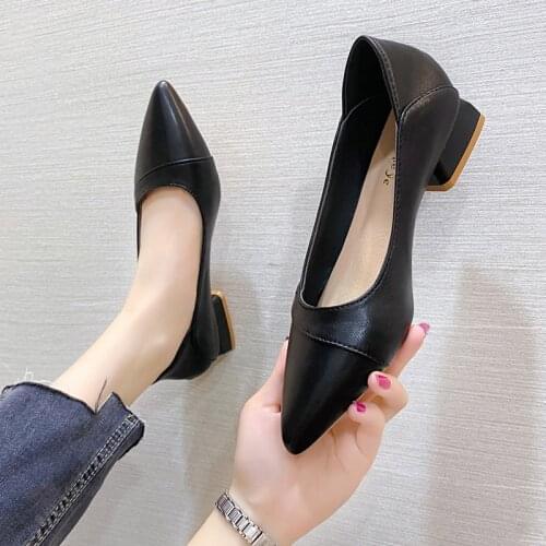 Women Pumps Pointed Toe Boat Shoes Low Heels Dress Shoes Square Heeled Woman Shoes Ol Office Black White Zapatos Mujer 9332G