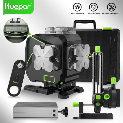 Huepar 12 Lines Laser Level 3D Green Beam Self-leveling 360° With LCD Display Horizontal Vertical Cross Remote Control Functions