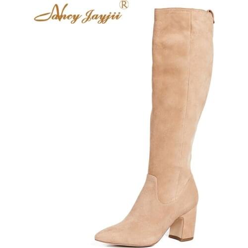 Spring Ladies Knee High Boots Female Pointed Toe Square Heel Short Plush Solid Flock Zipper Shoes Woman Work Concise