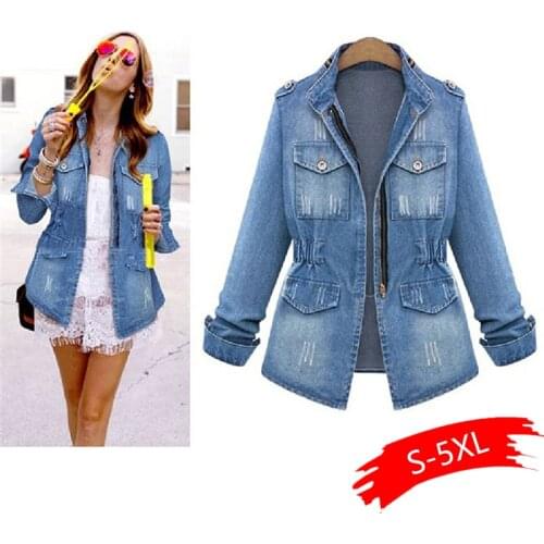 High Quality Denim Jackets Women Autumn Fashion Long Sleeve Coat Casual Denim Outwear Tops Plus Size 5XL Hole Jacket