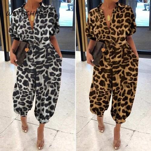 2021 Fashion Summer Women Jumpsuits Leopard Printed Button Short Sleeve Overalls Casual One Piece Club Outfits Female Clothing