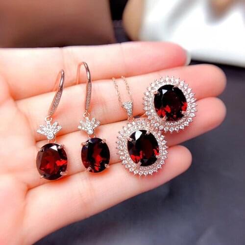 S925 Silver Natural Garnet Jewelry Sets Ring Pendant and Earrings Elegant For Women Fine Jewelry Real Garnet Gemstones K34