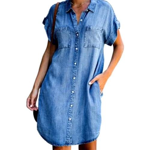 Women Short Sleeve Pockets Single-breasted Irregular Hem Knee-length Loose Dress Polyester Women Summer Dress Lady Dress