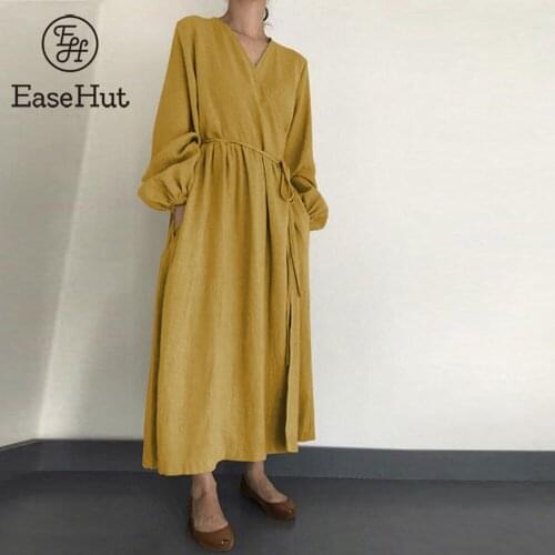 Women Dress Belted Long Lantern Sleeve Pockets Solid Vintage Sundress With Hidden Pocket Female Robe Autumn Long Dress Vestidos