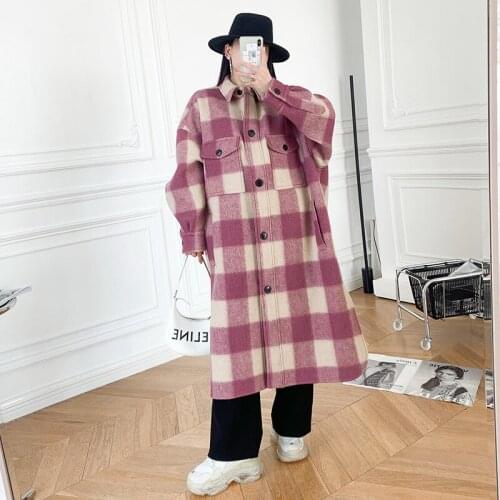Women Plaid Woolen Mid-Length Coat 2021 Autumn Winter Turn-Down Collar Single-Breasted Lady Long Jacket Outwear Top with Pockets