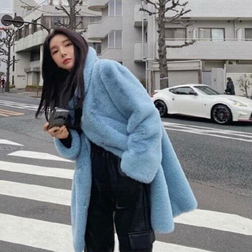 2020 winter high quality celebrity blue fake mink fur coats medium long turn down collar women elegant faux fur outerwear A260