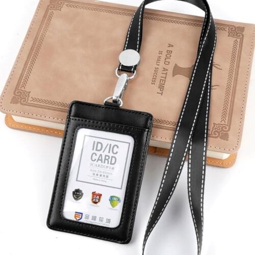 Badge Holder PU Leather ID Card Holder Wallet with Neck Lanyard 2-Sided Pocket M68C