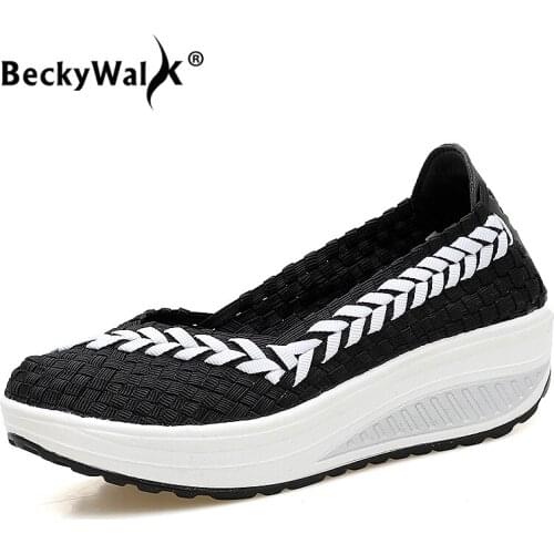 BeckyWalk Summer Slip On Platform Women Shoes Woven Women Sneakers Casual Shoes Thick Soles Breathable Walking Shoes WSH2916
