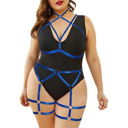 Women Plus Size Neck Cross Strap Hollow Out Top Garter 2 Pcs Set Sexy Harness Bra Adjustable Suspenders Stockings Belt Bdsm Rave