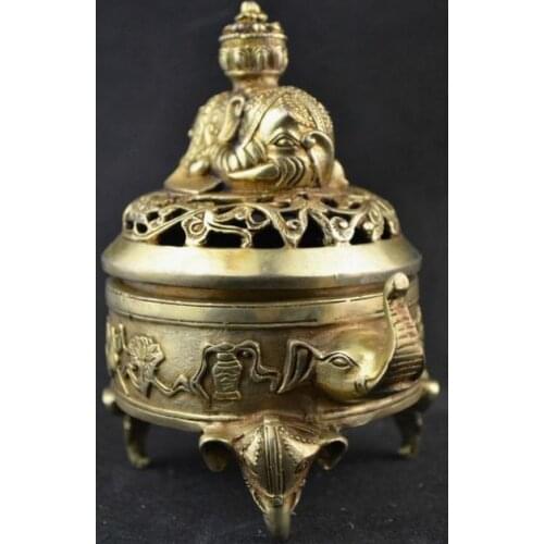 Chinese ancient copper carved elephant hand hollow-out censer