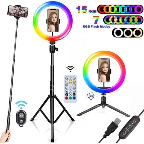 HANTOPER 10 inch RGB Ring Light With Tripod for Live Stream Makeup Camera Led Lamp Ringlight for YouTube Video Photography