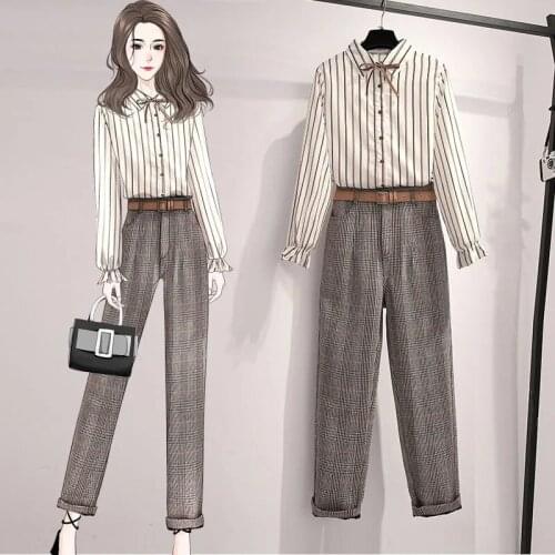 Suit pants suit womens plus size 2021 spring and autumn new trumpet sleeve striped shirt plaid nine-point pants two-piece suit