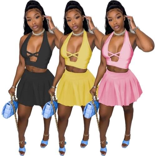 Summer Pleated Skirt Sets 2 Pieces Shorts Sexy Halter Backless Deep V Neck Crop Top + Mini Skirts Women Club Outfit Party Wear