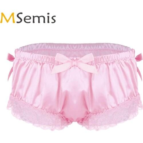 Men Sissy Cute Bowknot Panties Ruffle Floral Lace Lingerie Gay Wetlook Satin Briefs Underwear Homme Crossdresser Bikini Knickers