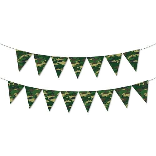 BA175 Outer Camouflage Camping Green Triangle Flag Pennant Hanging Paper Banner for Game Gun Fans Birthday Party Bunting