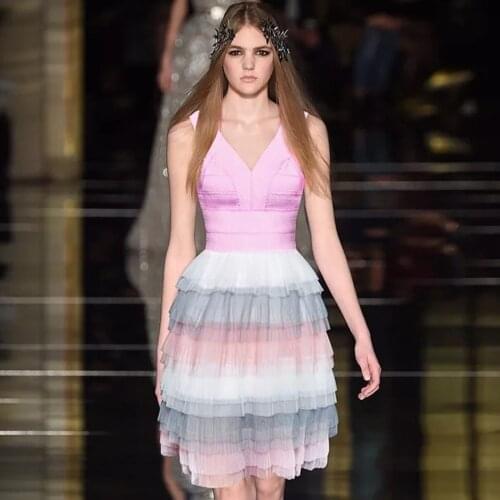 Pleated Mesh Layered Spaghetti Strap Patchwork Multicolor Bandage V Neck Cold Shoulder Sleeveless Mini Dress