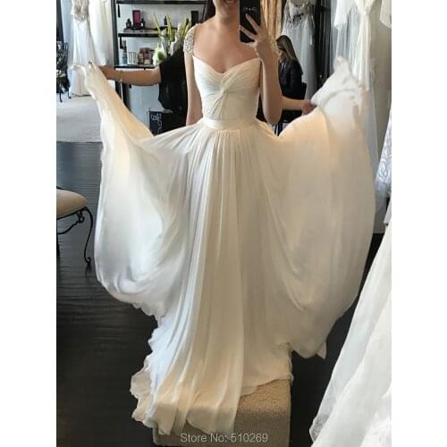 Flowy Airy Beach Wedding Dress Bridal Gowns Jewel Cap Sleeves Twisted Pleated Bodice Custom Made Robe De Mariee Sweep Train