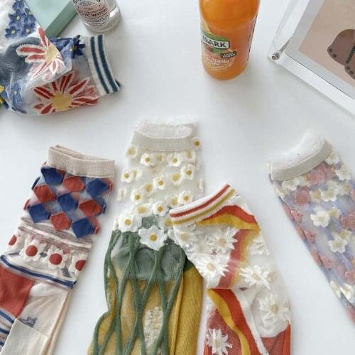 Kasure Silk Ethicon Mesh Socks Women Girl Fashion Sweet Cute Colorful Floral Pattern Womens Breathable Short Retro Socks