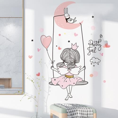 [shijuekongjian] Cartoon Girl Wall Stickers DIY Moon Swing Mural Decals for Kids Rooms Baby Bedroom Nursery House Decoration