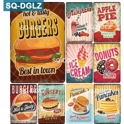 [SQ-DGLZ]BURGERS Metal Sign Bar Wall Decor Donuts Tin Sign Vintage Apple Pie Painting Ice Cream Plaques Milkshakes Art Poster