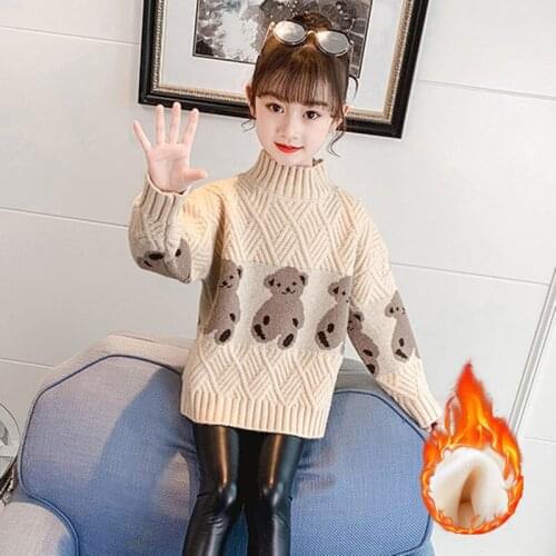 Girls Sweater Kids Coat Outwear 2021 Bear Plus Velvet Thicken Warm Winter Autumn Knitting Tops Cotton Fleece Childrens Clothing