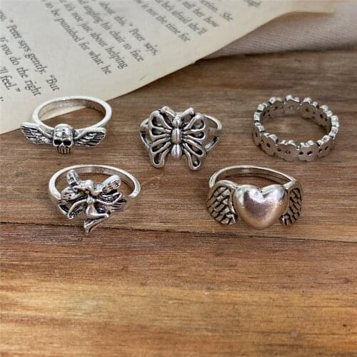 Vintage Silver Plated Angel Wings Ring for Womens Gothic Punk Steampunk Heart Butterfly Skull Ring Sets Party Jewelry 2021