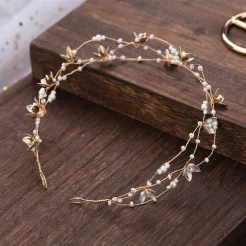 Vintage Bride Handmade Gold Pearl Headband Flower Headpiece Bridal Girls Tiara Wedding Hair Accessories Women Hair Jewelry