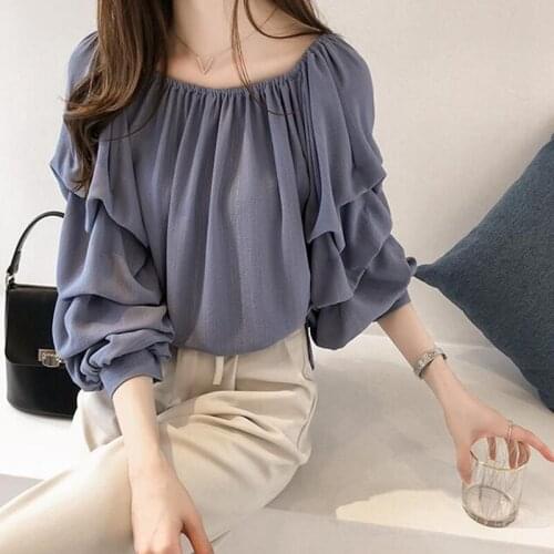 Women Loose Chiffon Blouse Ladies Summer Cool Solid O-Neck Puff Sleeve Casual Fashion Shirt