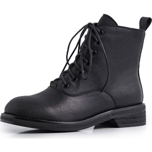 2019 Autumn Leather Boots Women Flat Black Ankle Boots For Women Round Toe Low Heels Buckle Chelsea boots Ladies shoes