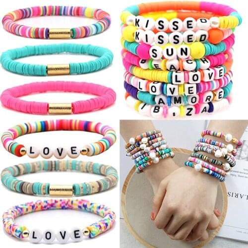 2020 Bohemia Love Initial Polymer Clay Beads Bracelet For Women Boho Handmade Rainbow Polymer Clay Bracelets Female Jewelry