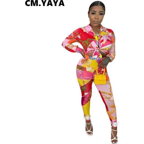 CM.YAYA Women Set Print Full Sleeve Single Breasted Shirts Tops Pencil Pants Two 2 Piece Sets Office Lady Outfit Spring Fall